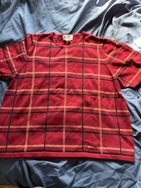 Casual Corner Red Plaid Crewneck Sweater with Black and Yellow Stripes